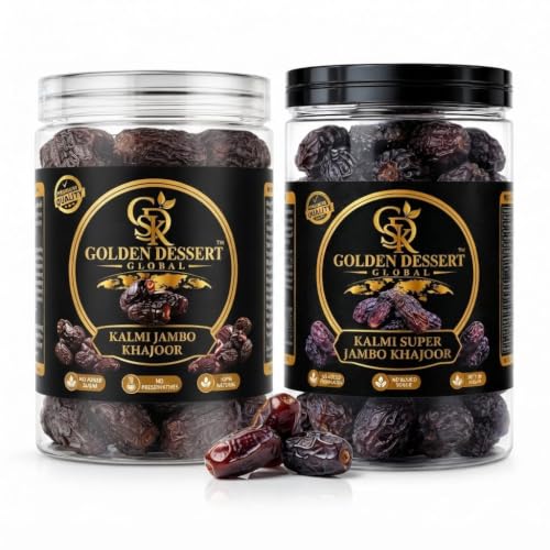 Image of Golden Dessert Global Premium Kalmi Jumbo Dates & Kalmi Super Jumbo Dates Combo Pack | Natural Seeded Khajoor | No Added Sugar | Rich in Fiber, Vitamins & Minerals | Healthy Dry Fruit Snack | Premium Quality