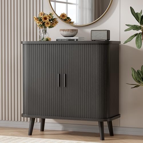 Image of BORNOON Buffet Cabinet with Storage, Curved-Edge Fluted Storage Cabinet Sideboard, Modern Black Sideboard Buffet with Adjustable Shelves & Sliding Door for Dining Room, Kitchen, Entryway