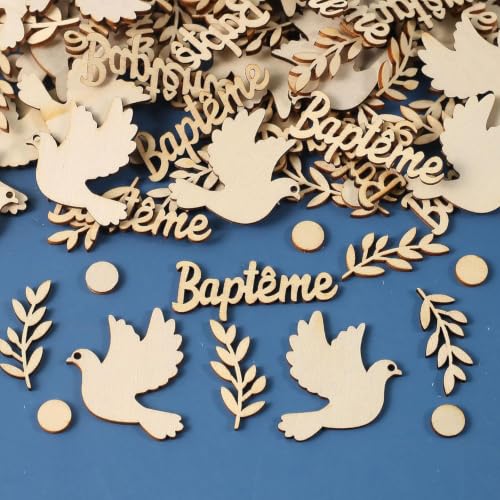 120PCS Decoration Bapteme Confettis en Bois - Deco Bapteme Accessoire - Forme Pigeon Sauge - Décoration de Table - pour Baptême Communion Festive (Naturel-B)