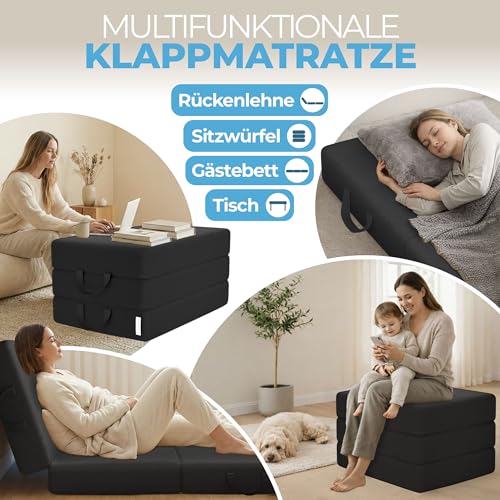 ELONEO Klappmatratze, Gästematratze, 3-teilige Faltmatratze, Schaumstoff extra dick (15cm), waschbar, Bandscheibenwürfel, klappbar, Faltbare Matratze, Erwachsene (Schwarz, 75 x 195 x 15 cm)
