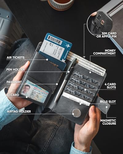 Image of VULKIT Passport Wallet Compatible with Airtag Holder RFID Blocking Bifold Travel Card Holder, Dark Grey, Small, Minimalist