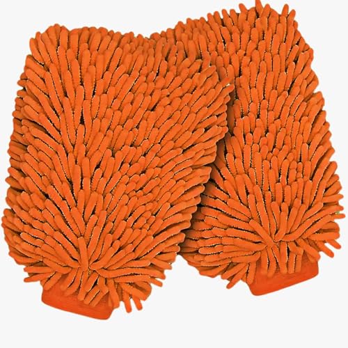 Image of Btag Double Sided Microfibre Wash Mitt Cleaning Gloves (2 Pcs, 2400 GSM, Size 26 X 19 Cm, Extra Large, Super Absorbent, Big Chenille Mitt Glove) (Orange)