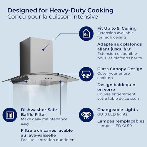 Image of Hauslane Range Hood Wall Mount 30 inch Ducted /Ductless Convertible Kitchen Hood with Stainless Steel and Tempered Glass Stove Vent Hood, 3 Speed, LED Lamps, European Style WM-630