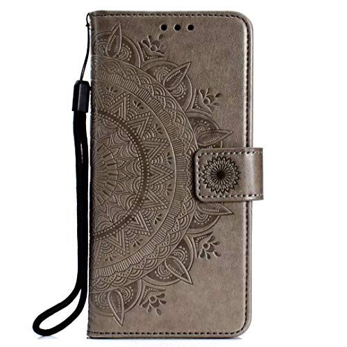 Samsung Galaxy A21s Hülle, Handyhülle Samsung Galaxy A21s Schutzhülle Leder PU Wallet Flip Case Bumper Lederhülle Ledercase Mandala Klapphülle Slim Dünn Magnetisch für Galaxy A21s graugrau