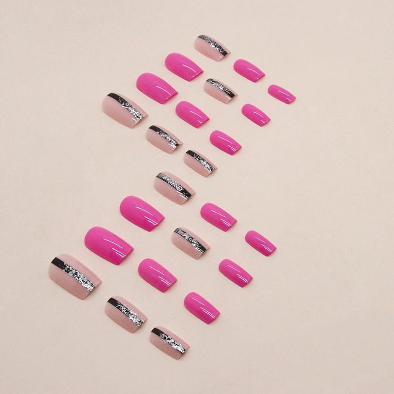 Miniatura 3 de Uñas postizas cortas a presión, uñas postizas cuadradas, uñas acrílicas con pegamento, color rojo rosa, uñas artificiales adhesivas con diseños de