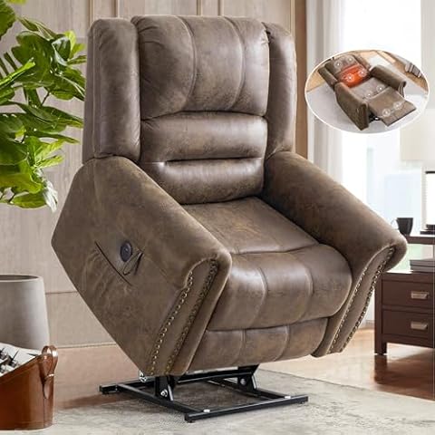 SENYUN Dual Motor Lay Flat Power Lift Recliner Chair for Elderly with Heat and Massage, Breathable Leather Large Infinite Position Electric Chairs for Seniors Living Room, Light Brown Cover