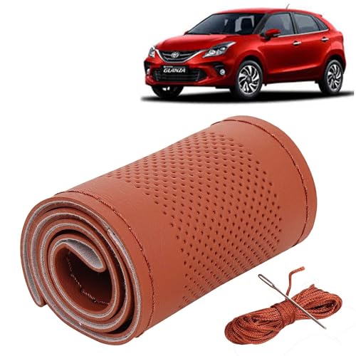 Image of KINGSWAY PU Leatherite Car Steering Cover Sewable Compatible with Toyota Glanza (Year 2019-2022), Tan Color with Tan Thread, Pack of 1 with Sewing Needle and Thread