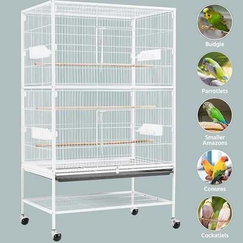 Yaheetech Vogelkäfig mit ständer, Vogelvoliere mit 3 Holzstangen und 4 Futternäpfen, Wellensittich Käfig mit 4 Rollen, Voliere für Papageien, 52 x 79 x 132 cm, Weiß