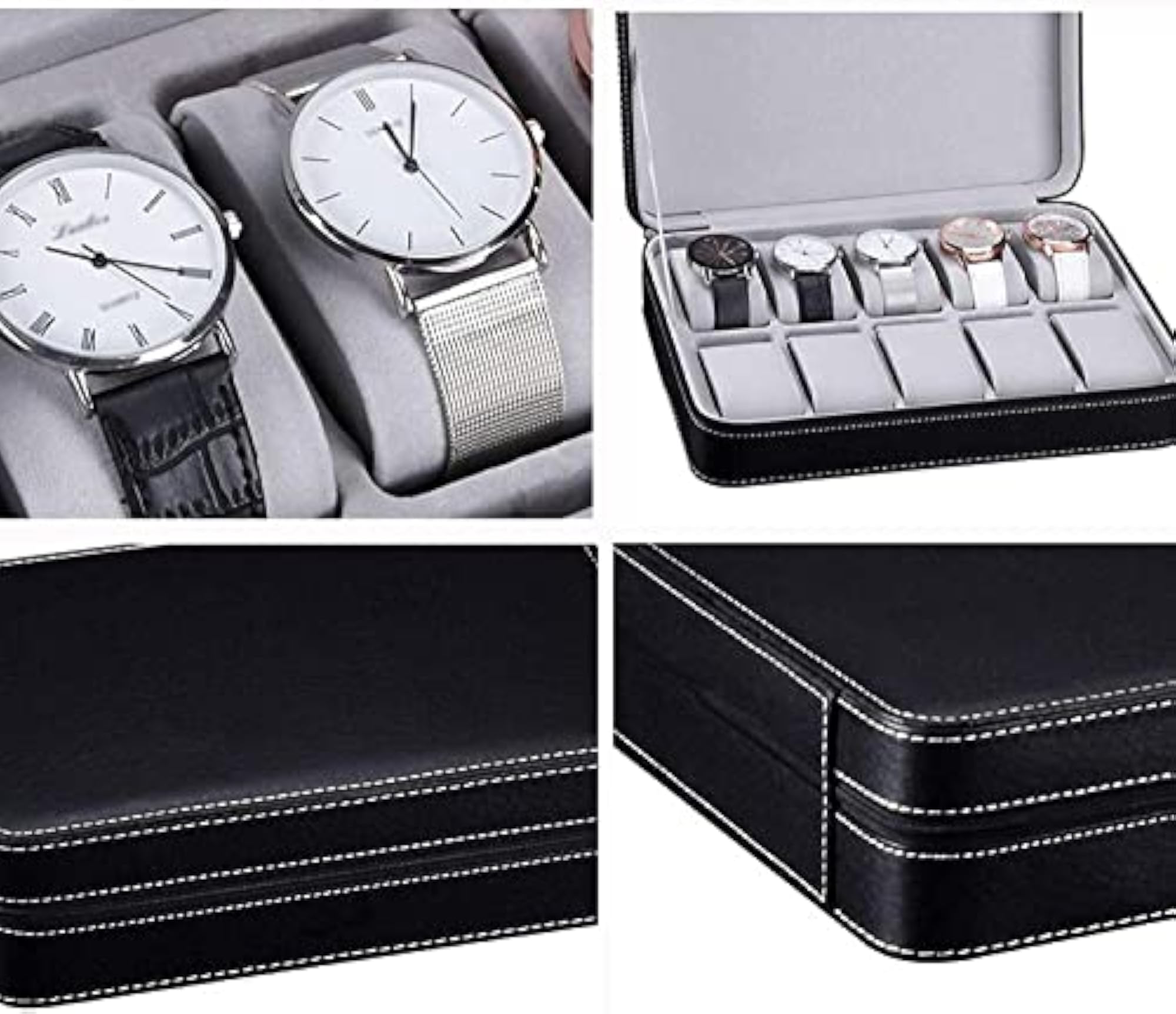 Luxury 10 Slot Black Leather Watch Box for Women