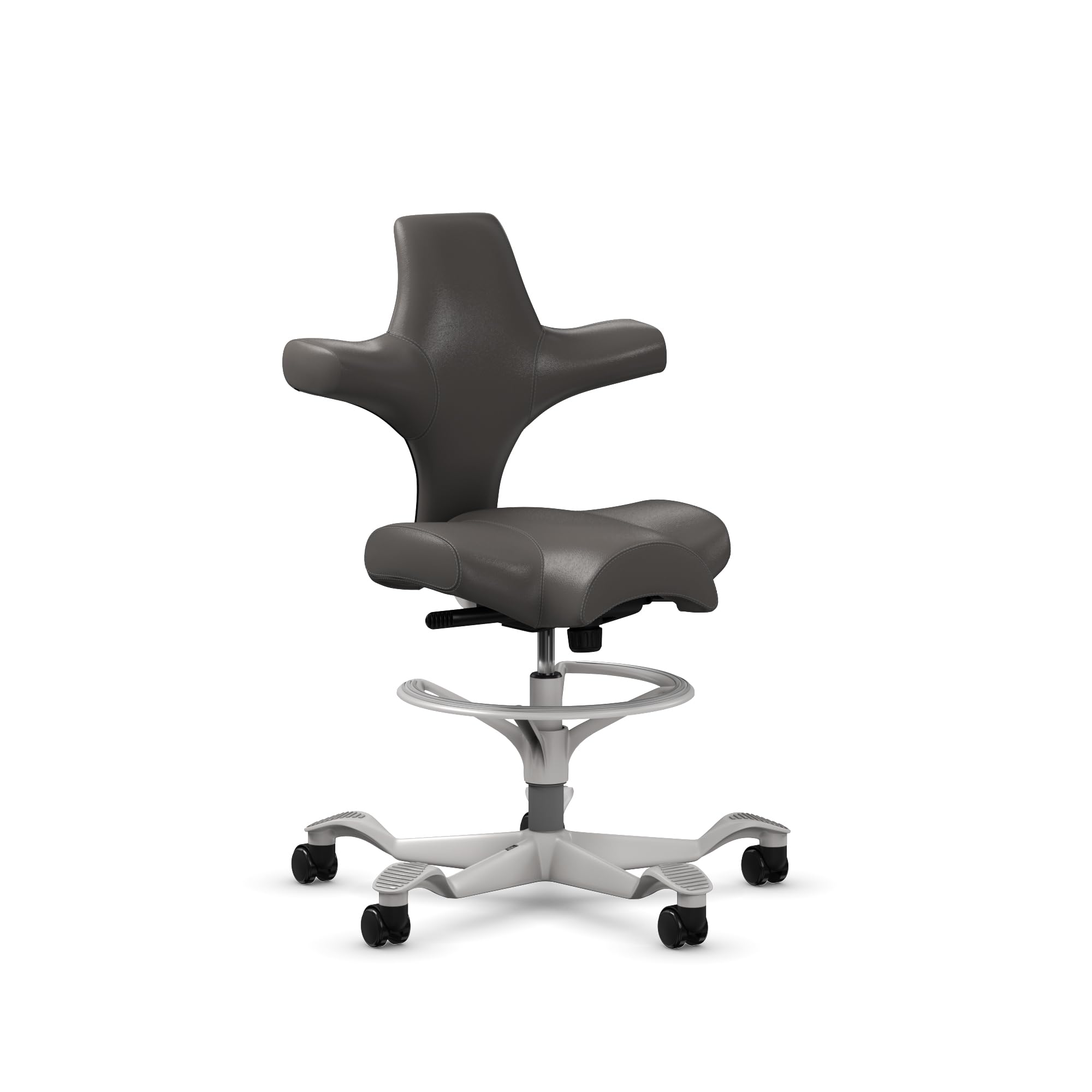 HAG Capisco Sit to Stand Chair-Silver Frame-Upholstered Gray Ash Vinyl-with Foot Ring