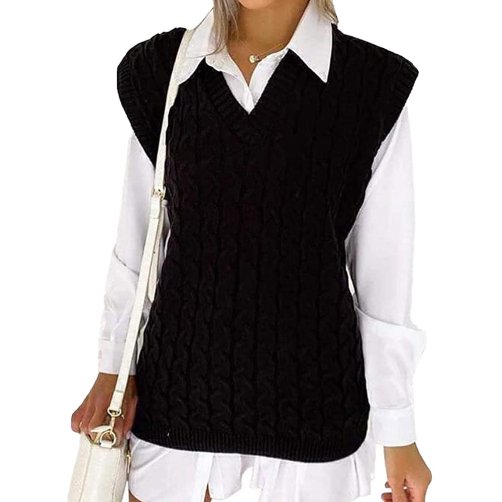 Wearall Women's Black Weaall Cable Knit Sleeveless Vest Knitted Jumper Tank Top Winter Chunky Sweaters 16-18