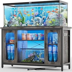 Unikito Reptile Tank Stand Fish Tank Stand with Power Outlets & LED Light, 55-75 Gallon Reversible Terrarium Stand with Cabinet, Metal Aquarium Stand for Reptile Terrarium, Turtle Tank, Black Oak