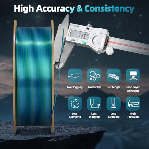 Image of Dual Color Silk PLA 3D Printer Filament 1.75mm, Dual Color 2-in-1 Green-Blue Silk Filament 1KG Spool (2.2lbs) Dimensional Accuracy Probability + /- 0.02mm Fits Most FDM 3D Printers, Blue-Green