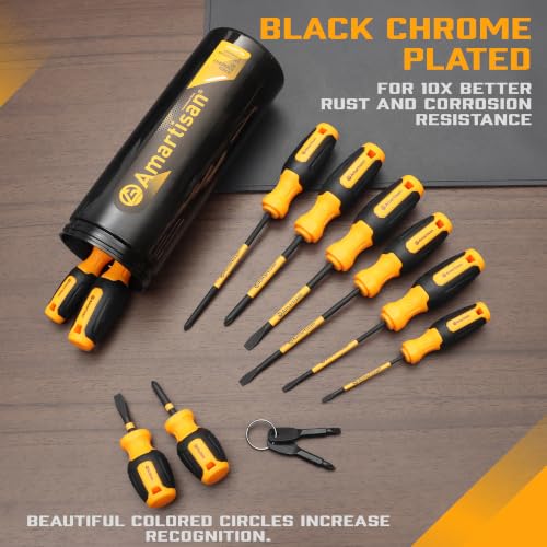 Image of Amartisan 12-Piece Magnetic Screwdrivers Set, 5 Phillips and 5 Slotted Tips Professional Cushion Grip Screwdriver Set (2pcs Portable Multifunction Key Mini Screwdriver)