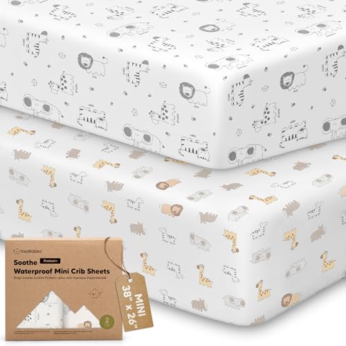 Image of 2 Pack and Play Sheets, Waterproof Mini Crib Sheets Fitted - 38x26 Organic Cotton Pack N Play Sheets for Graco Pack and Play Mattress, Playard Baby Crib Sheets,Neutral for Boy,Girl,Toddler(KeaSafari)