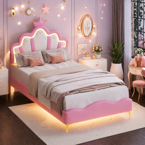 Lit Fille 90x190 en Forme de Couronne Princesse, LED Lit Enfant avec Tête de Lits Réglable, Cadre Lits 1 Place en Nuages pour Ado et Fille, Rose PU, sans...