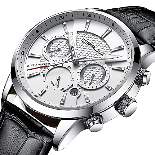 Image of CRRJU Men's Business Casual Chronograph Quartz Waterproof Wristwatch Black Leather Strap
