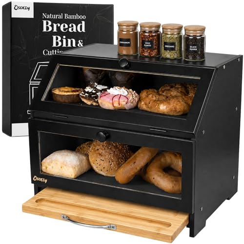 Osckey Black Double Bread Bin & QUALITY CUTTING BOARD. 24L. Large Bread Box. Solid Bamboo. No MDF. An ideal Breadbin for Bread Storage. Bread Bins For Kitchen. Easy Self Assembly.