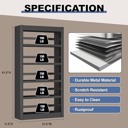 Image of 61 inch Metal Bookshelf, Small 5 Shelf Bookcase, 5-Tier, Black | Adjustable Shelves, Heavy-Duty Metal, Modern Style, Anti-Tip Design, Ideal for Living Room, Home Office, Study Room
