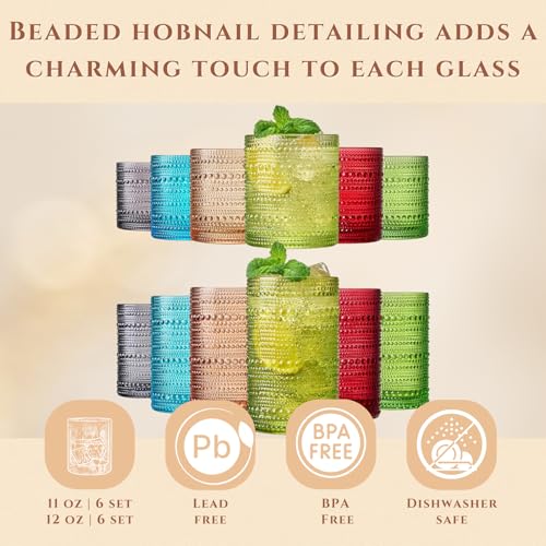 Image of Khen Hobnail Beaded Highball Drinking Tumbler Glasses | Set of 12 | Autumn Colors Vintage Bubble Design Whiskey Glassware, Old-Fashioned, Embossed Design Water, Wine, Cocktail Rocks Glasses