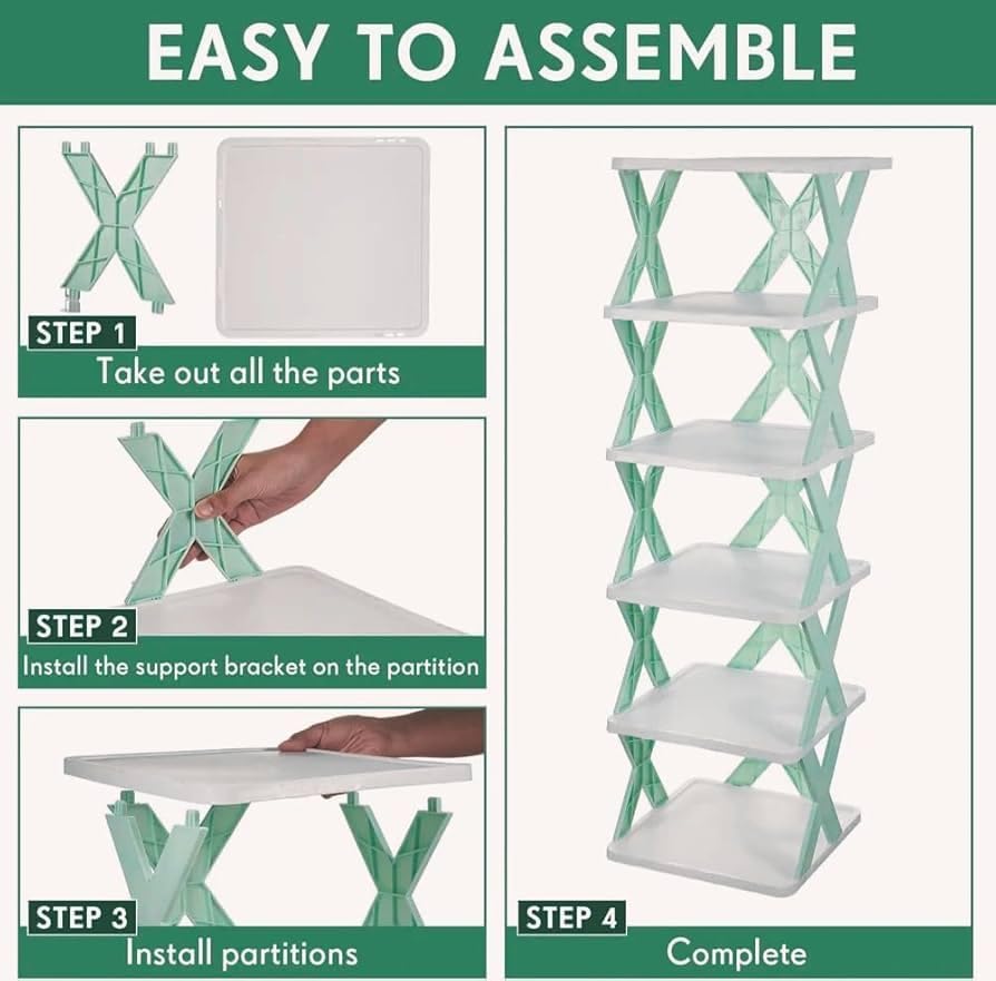 Image of QONETIC 4 Layer Plastic Shoe Rack for Home Stackable & Adjustable Shoe Organizer Shelf for Entryway, Bedroom & Corner Use Space-Saving Foldable Stand with Book & Shoe Storage Slots