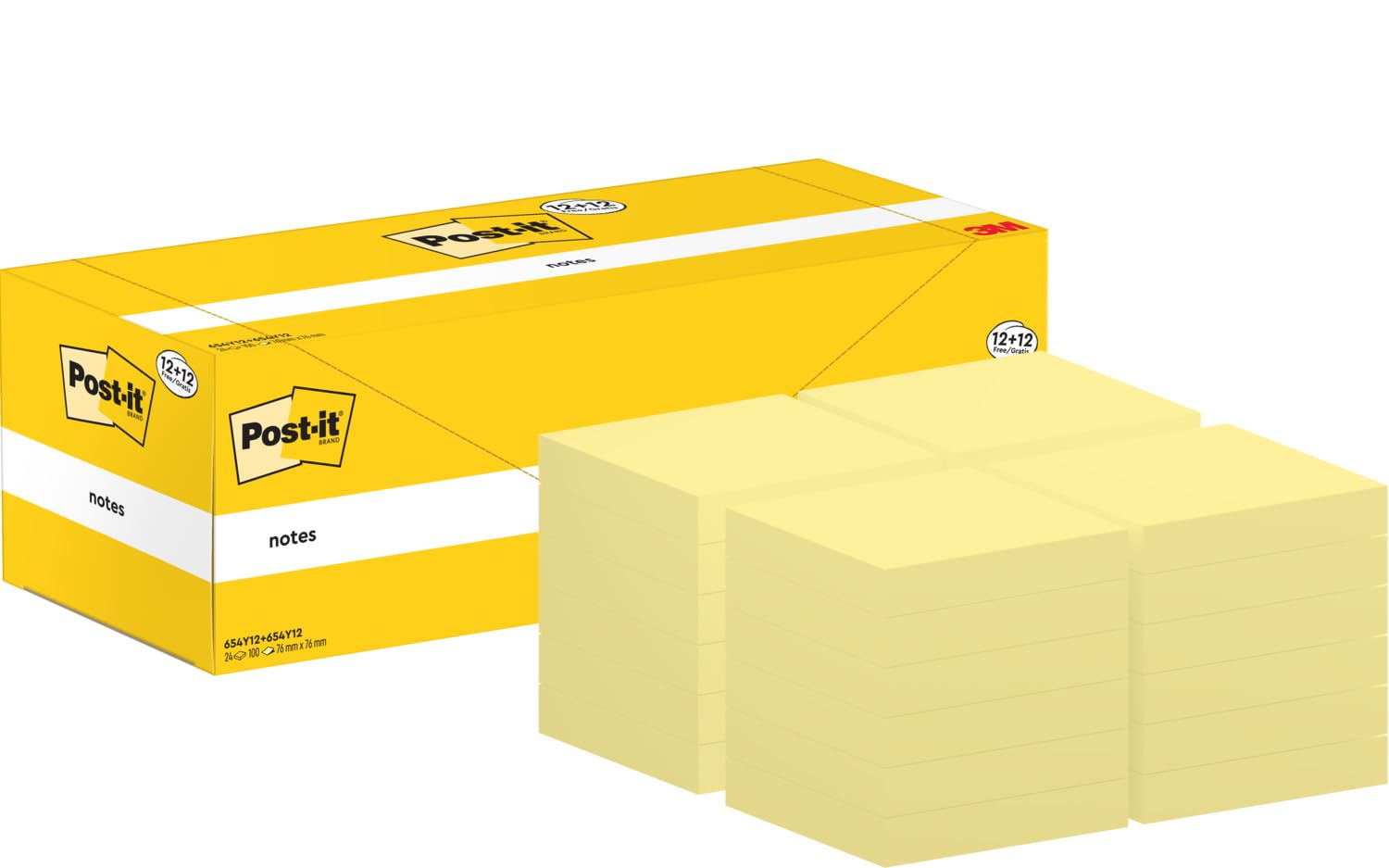 Post-it Canary Yellow Foglietti Adesivi 76 mm x 76 mm, Confezione da 24 blocchetti, 100 Fogli per blocco