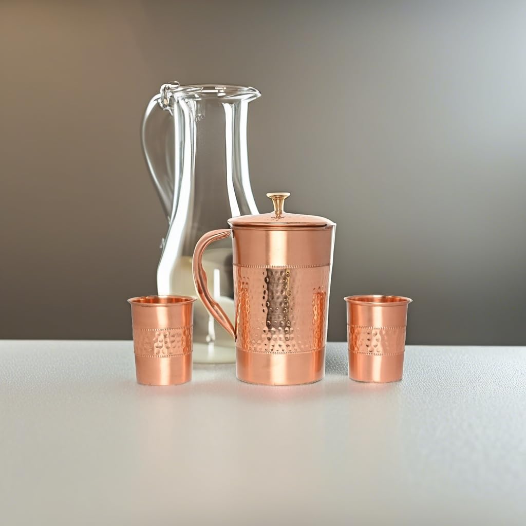 Wasserkrug aus reinem Kupfer mit 2 Kupfergläsern (gehämmertes und schlichtes Muster) für Ayurveda-Gesundheitsvorteile (mit geradem Glas)
