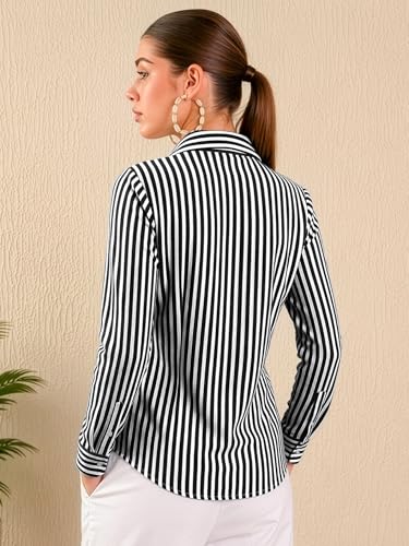 Image of Aahwan Solid Button Up Drop Shoulder Vertical Stripe Pattern Casual Long Sleeve Shirt for Women's & Girl's
