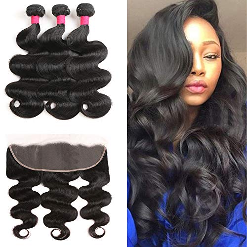 9A Peruvian Body Wave 3 Bundles with Frontal (20 22 24+18 Frontal) Ear to Ear Lace Frontal Closure, 100% Peruvian Unprocessed Virgin Human Hair Bundle with Frontal Natural Black Color(20 22 24+18)
