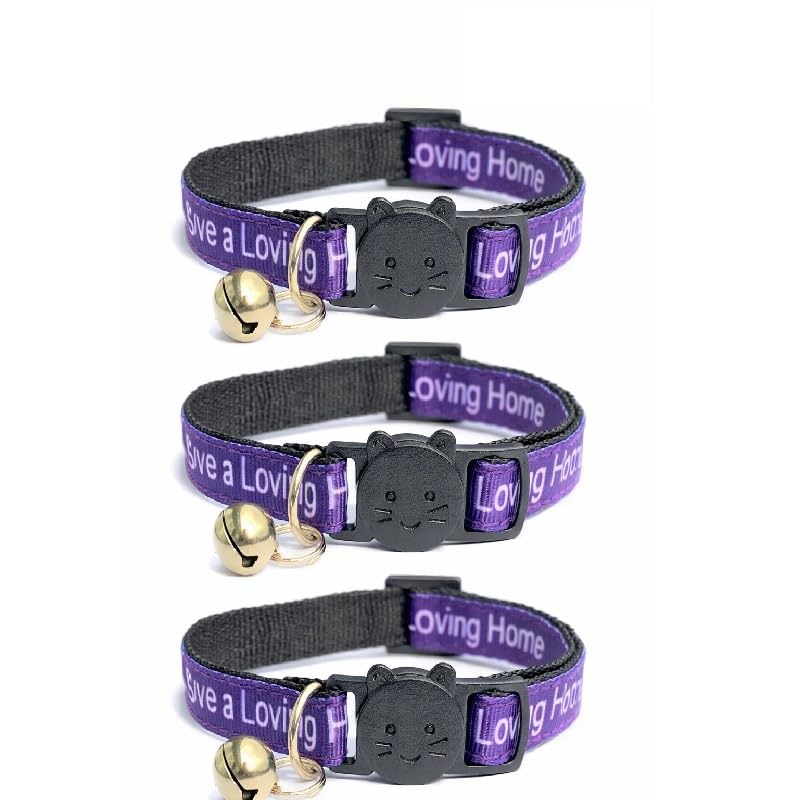 Worded Cat Collars with Bell – Please Do Not Feed Me, I Am Microchipped | Safe Quick Release Breakaway Buckle | Zacal Cat Collars (2. Purple, I Have A Loving Home, Pack of 3)