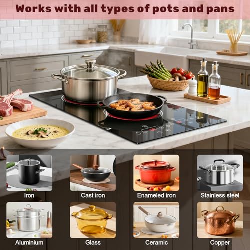 Image of 2 Burner Electric Cooktop 2000W, 12 Inch Electric Cook Top Plug in 110V, Electrics Stove with Touch Control, Countertop & Built-in Ceramic Stovetop, 9 Heating Level, Timer, Residual Heat Indicator