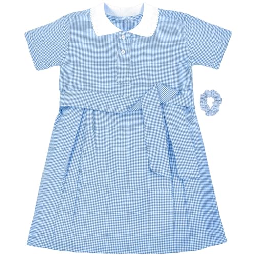 Girls Pack of 2 Uniform School Comfortable Gingham Check Belted Summer Dresses Matching Scrunchies Age 3-14 Years3