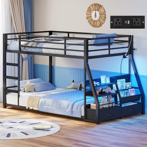 ADORNEVE Low Bunk Bed with Sling Bookshelves, Storage Drawers & Power Outlet, LED Metal Floor Bunk Twin Over Twin with Full-Length Guardrail & Metal...