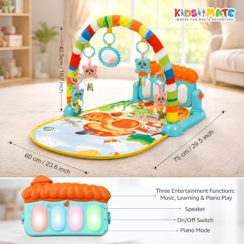 Image of Kidsmate Little Explorer Play Gym Mat for Babies 0 to 12 Months, Kick and Play Piano Baby Gym, 4 Hanging Rattles & Mirror, Tummy Time Activity Play Mat, Newborn Toys Gift for Baby Boys and Girls