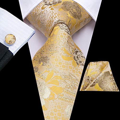 Dubulle Yellow Floral Ties For Men Gold Flower Mens Necktie And Pocket Square Cufflinks Wedding Tie Set #TOP4