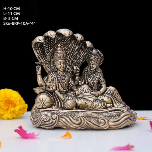 Image of INDICAST 4 inch Brass Lord Vishnu Laxmi Idol on Sheshnag | Hindu God Statue for Home Temple Pooja Room & Spiritual Dcor (Weight- 360gm)