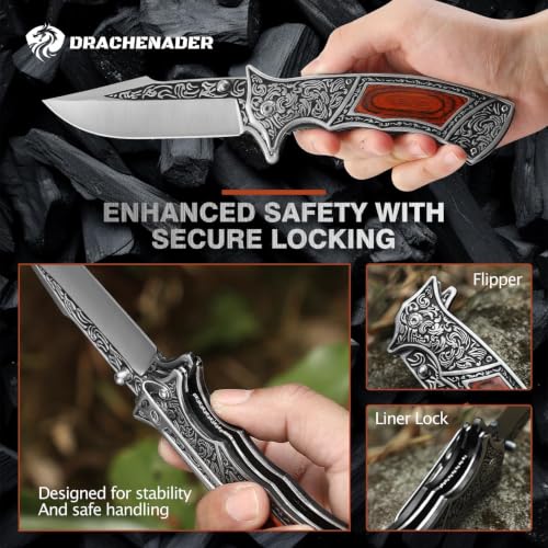 Image of DRACHENADER Pocket Knife with Sheath and Clip, 440C Stainless Steel Folding Knife 3D Retro Embossed Pattern, Gifts Christmas, Birthday, Father's Day (D-J37)