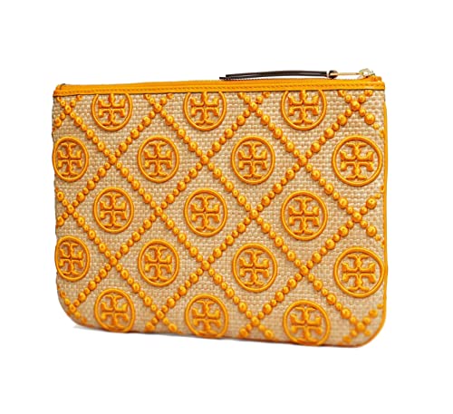 Tory Burch Women's T Monogram Embroidered Straw Pouch (Orange Citrine) #TOP17