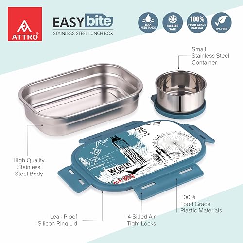 Image of ATTRO Easy Bite Stainless Steel Lunch Box with Inner Steel Body, Airtight 4-Side Lock Lid, Leakproof Silicone Seal, Small Container for Office School Kids Tiffin Box - 650ml+150ml-London Journey Blue