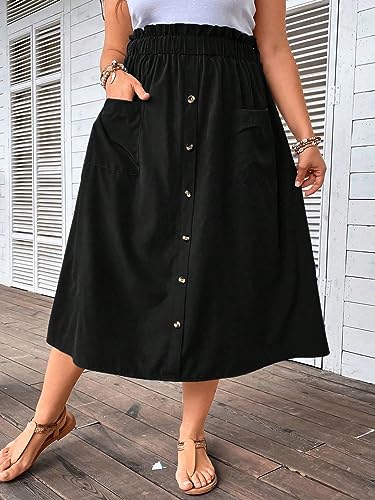 OYOANGLE Women's Plus Size A Line Midi Elastic High Waist Button Loose Skirt with Pocket4