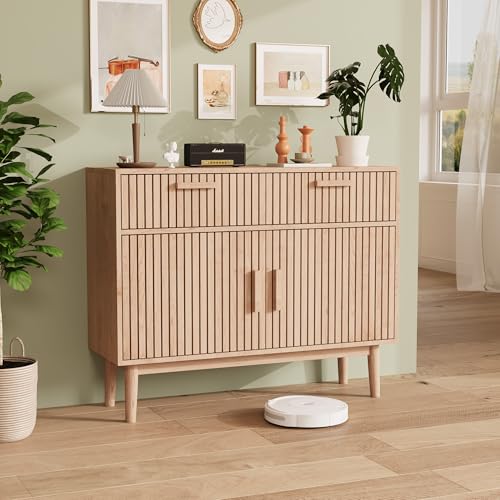 Aparador de 100 x 35 x 80 cm, con patrón vertical, con 2 cajones y 2 puertas, aparador, mesa auxiliar, cómoda, armario, entrada, salón, dormitorio, cocina, color madera