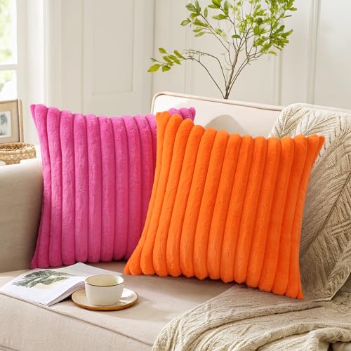 Pallene Faux Fur Plush Throw Pillow Covers 16x16 Set of 2, Luxury Soft Fluffy Striped Decorative Pillow Covers for Sofa, Couch, Living Room, Hot Pink