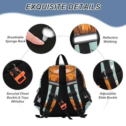 Kid's Backpack for Boys & Girls Toddler Bag Orange Highland Cattle Pattern Backpack with Safety Leash3