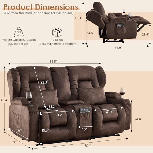Image of SAMERY 65.5 inch Loveseat Recliner Sofa | Double Recliner Sofa & Console | Wall Hugger Loveseat Reclining RV Theater Seats | RV Couch Home Theater Seating Furniture (Velvet Mahogany)