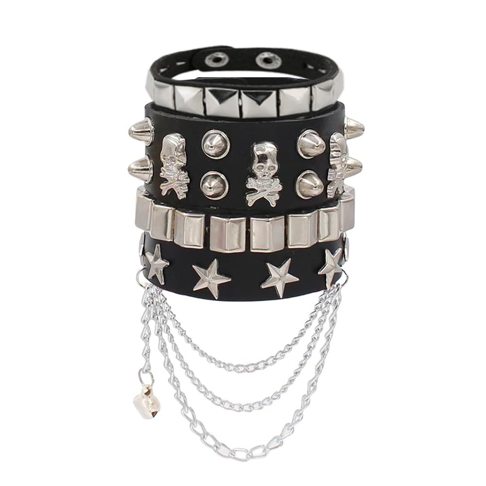 3Pcs Punk Rock Studded Bracelet Set, Goth Spiked Leather Cuff Bangle, 80s Wristband Bracelets Halloween Accessories Adjustable for Men Women (punk set-3)