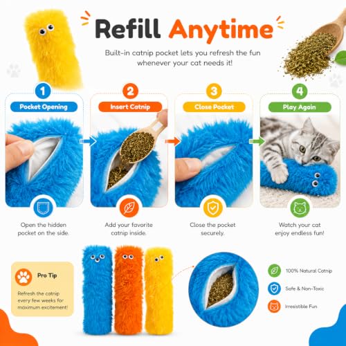 Image of Kipenzi Cat Kicker Toys Pack of 3 | Plush Cat Toys with Catnip Fillable Pocket | Soft Interactive Kicker & Chew Toys for Indoor Kittens and Adult Cats | Lightweight, Safe & Non-Toxic (Fur Kicker)