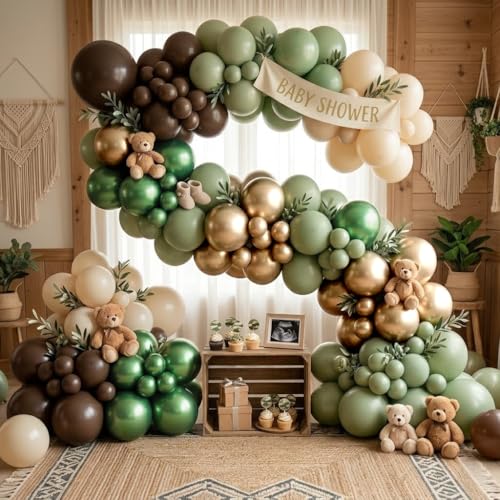 Image of Sage Green Brown Safari Balloons, 60PCS Dusty Olive Green Coffee Beige Metallic Gold Eucalyptus Latex Balloon, Camo Army Hunting Balloons for Woodland Baby Shower Birthday Party Decorations Supplies