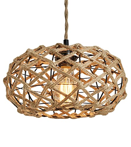 AMZASA Boho Pendant Light Rustic Hand-Woven Hemp Rope Cage Basket Rattan Hanging Lamp Wicker Coastal Retro Light Fixtures for Hallway Entryway Kitchen Island Dining Room - Image 9