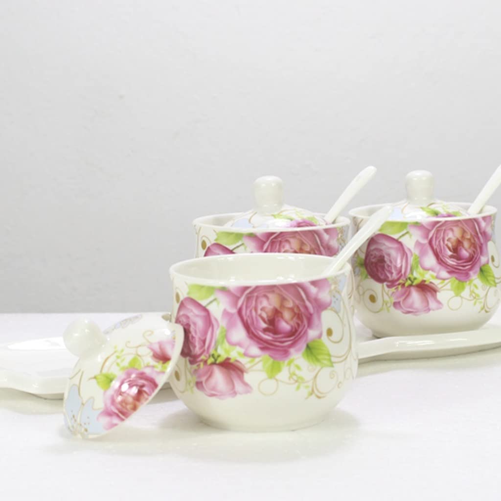 pot à épices， Boîte à condiments Pot d'assaisonnement en céramique de ménage Chinois Coffret d'assaisonnement de 3 pièces avec Base Bouteille d'assaisonnement de Cuisine Pot à condiments