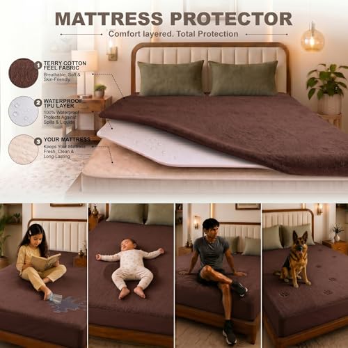 Image of Glassiano Cotton Feel Terry Ultra Soft Waterproof Mattress Protector | Breathable - Hypoallergenic Mattresses Cover with Elastic Strap for Single Bed (75x42 inch|6.2x3.5 feet, Coffee - Pack of 1)